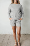 LC625104-11-S, LC625104-11-M, LC625104-11-L, LC625104-11-XL, LC625104-11-2XL, Gray Textured Long Sleeve Top and Drawstring Shorts Set