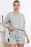 LC625104-11-S, LC625104-11-M, LC625104-11-L, LC625104-11-XL, LC625104-11-2XL, Gray Textured Long Sleeve Top and Drawstring Shorts Set