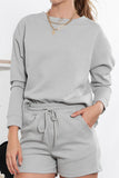 LC625104-11-S, LC625104-11-M, LC625104-11-L, LC625104-11-XL, LC625104-11-2XL, Gray Textured Long Sleeve Top and Drawstring Shorts Set