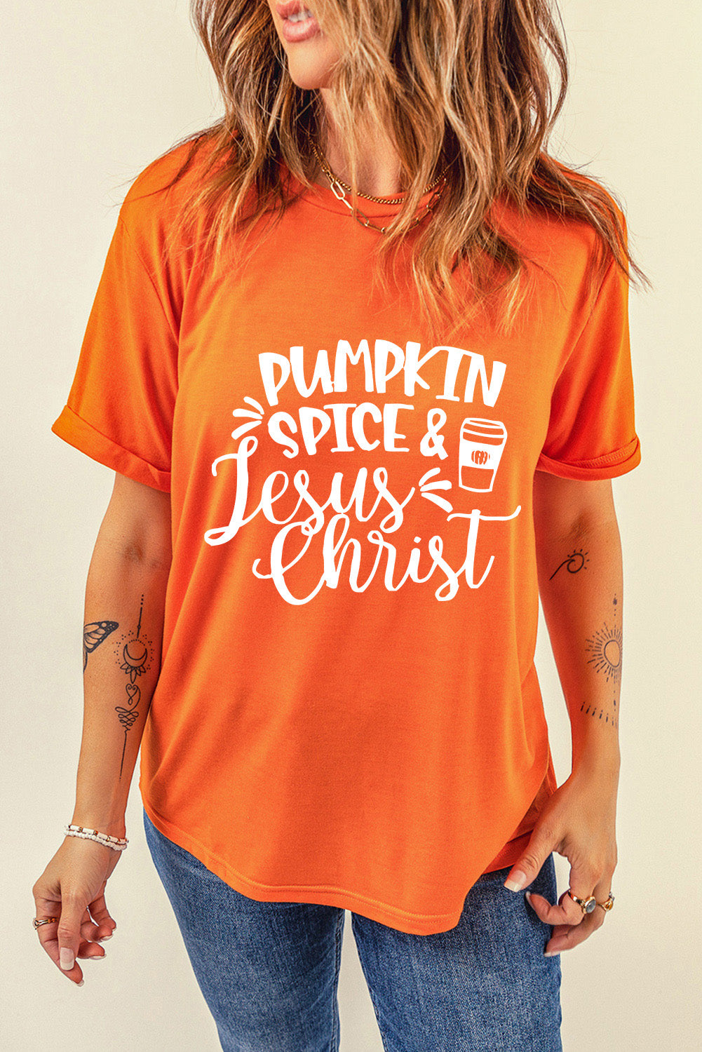 LC25222678-14-S, LC25222678-14-M, LC25222678-14-L, LC25222678-14-XL, LC25222678-14-2XL, Orange PUMPKIN SPICE & Jesus Christ Graphic T-shirt
