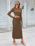 LC275038-16-S, LC275038-16-M, LC275038-16-L, LC275038-16-XL, Khaki knit dress sets