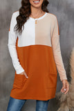 LC25116711-14-S, LC25116711-14-M, LC25116711-14-L, LC25116711-14-XL, LC25116711-14-2XL, Orange Pocketed Color Block Patchwork Long Sleeve Top