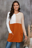 LC25116711-14-S, LC25116711-14-M, LC25116711-14-L, LC25116711-14-XL, LC25116711-14-2XL, Orange Pocketed Color Block Patchwork Long Sleeve Top