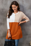 LC25116711-14-S, LC25116711-14-M, LC25116711-14-L, LC25116711-14-XL, LC25116711-14-2XL, Orange Pocketed Color Block Patchwork Long Sleeve Top