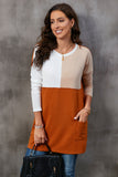 LC25116711-14-S, LC25116711-14-M, LC25116711-14-L, LC25116711-14-XL, LC25116711-14-2XL, Orange Pocketed Color Block Patchwork Long Sleeve Top