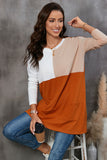 LC25116711-14-S, LC25116711-14-M, LC25116711-14-L, LC25116711-14-XL, LC25116711-14-2XL, Orange Pocketed Color Block Patchwork Long Sleeve Top