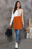 LC25116711-14-S, LC25116711-14-M, LC25116711-14-L, LC25116711-14-XL, LC25116711-14-2XL, Orange Pocketed Color Block Patchwork Long Sleeve Top