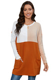 LC25116711-14-S, LC25116711-14-M, LC25116711-14-L, LC25116711-14-XL, LC25116711-14-2XL, Orange Pocketed Color Block Patchwork Long Sleeve Top