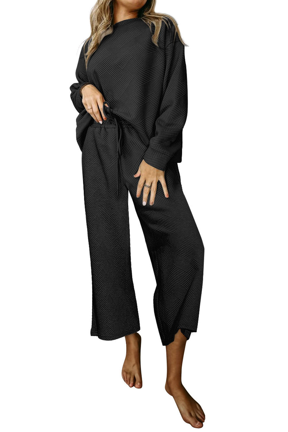 LC625266-2-S, LC625266-2-M, LC625266-2-L, LC625266-2-XL, LC625266-2-2XL, Black Ultra Loose Textured 2pcs Slouchy Outfit