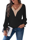 Women's Long Sleeve Lace V Neck Knit Loose Pullover Sweaters