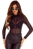 LC6421446-2-S, LC6421446-2-M, LC6421446-2-L, LC6421446-2-XL, Black Star Mesh Mock Neck Long Sleeve Bodysuit