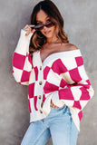 LC271943-P6-S, LC271943-P6-M, LC271943-P6-L, LC271943-P6-XL, LC271943-P6-2XL, Rose Red Contrast Checkered Print Button Up Sweater Cardigan 