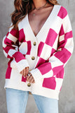 LC271943-P6-S, LC271943-P6-M, LC271943-P6-L, LC271943-P6-XL, LC271943-P6-2XL, Rose Red Contrast Checkered Print Button Up Sweater Cardigan 