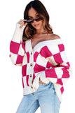 LC271943-P6-S, LC271943-P6-M, LC271943-P6-L, LC271943-P6-XL, LC271943-P6-2XL, Rose Red Contrast Checkered Print Button Up Sweater Cardigan 