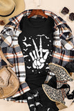 LC25222777-2-S, LC25222777-2-M, LC25222777-2-L, LC25222777-2-XL, LC25222777-2-2XL, Black Halloween Bat & Skeleton Hand Graphic Tee 