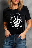 LC25222777-2-S, LC25222777-2-M, LC25222777-2-L, LC25222777-2-XL, LC25222777-2-2XL, Black Halloween Bat & Skeleton Hand Graphic Tee 
