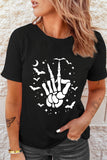 LC25222777-2-S, LC25222777-2-M, LC25222777-2-L, LC25222777-2-XL, LC25222777-2-2XL, Black Halloween Bat & Skeleton Hand Graphic Tee 