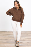 LC25315352-P1017-S, LC25315352-P1017-M, LC25315352-P1017-L, LC25315352-P1017-XL, Coffee Kangaroo Pocket Half Zipper Loose Fit Hoodie