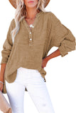 LC25121568-17-M, LC25121568-17-L, LC25121568-17-XL, LC25121568-17-S, LC25121568-17-2XL, Brown Crinkle Textured Loose Henley Top