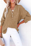 LC25121568-17-M, LC25121568-17-L, LC25121568-17-XL, LC25121568-17-S, LC25121568-17-2XL, Brown Crinkle Textured Loose Henley Top