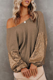 LC25123326-P17-S, LC25123326-P17-M, LC25123326-P17-L, LC25123326-P17-XL, LC25123326-P17-2XL, Brown Sequin Patchwork Sleeve Open Back Waffle Knit Top