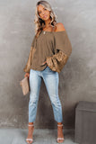 LC25123326-P17-S, LC25123326-P17-M, LC25123326-P17-L, LC25123326-P17-XL, LC25123326-P17-2XL, Brown Sequin Patchwork Sleeve Open Back Waffle Knit Top