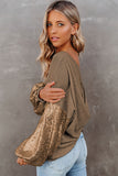 LC25123326-P17-S, LC25123326-P17-M, LC25123326-P17-L, LC25123326-P17-XL, LC25123326-P17-2XL, Brown Sequin Patchwork Sleeve Open Back Waffle Knit Top