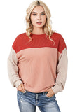 LC25123172-3-S, LC25123172-3-M, LC25123172-3-L, LC25123172-3-XL, LC25123172-3-2XL, Red Color Block Long Sleeve Ribbed Loose Top