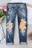 Women's Orange Checkboard Distressed Raw Jeans