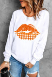 Women's Orange Plaid Lip Print Round Neck Casual Sweatshirt