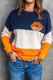 Women's Striped Contrast Stitching Sweatshirt Lip Print Color Block Long Sleeve Top