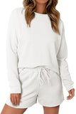 LC625104-1-S, LC625104-1-M, LC625104-1-L, LC625104-1-XL, LC625104-1-2XL, White Textured Long Sleeve Top and Drawstring Shorts Set