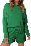 LC625104-9-S, LC625104-9-M, LC625104-9-L, LC625104-9-XL, LC625104-9-2XL, Green Textured Long Sleeve Top and Drawstring Shorts Set