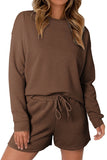 LC625104-17-S, LC625104-17-M, LC625104-17-L, LC625104-17-XL, LC625104-17-2XL, Brown Textured Long Sleeve Top and Drawstring Shorts Set