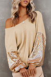 LC25123326-18-S, LC25123326-18-M, LC25123326-18-L, LC25123326-18-XL, LC25123326-18-2XL, Apricot Sequin Patchwork Sleeve Open Back Waffle Knit Top
