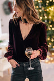 LC25124203-P503-S, LC25124203-P503-M, LC25124203-P503-L, LC25124203-P503-XL, Burgundy Choker Neck Hollow-out Velvet Blouse