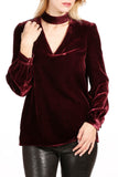 LC25124203-P503-S, LC25124203-P503-M, LC25124203-P503-L, LC25124203-P503-XL, Burgundy Choker Neck Hollow-out Velvet Blouse