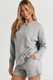 LC625104-11-S, LC625104-11-M, LC625104-11-L, LC625104-11-XL, LC625104-11-2XL, Gray Textured Long Sleeve Top and Drawstring Shorts Set