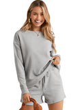 LC625104-11-S, LC625104-11-M, LC625104-11-L, LC625104-11-XL, LC625104-11-2XL, Gray Textured Long Sleeve Top and Drawstring Shorts Set