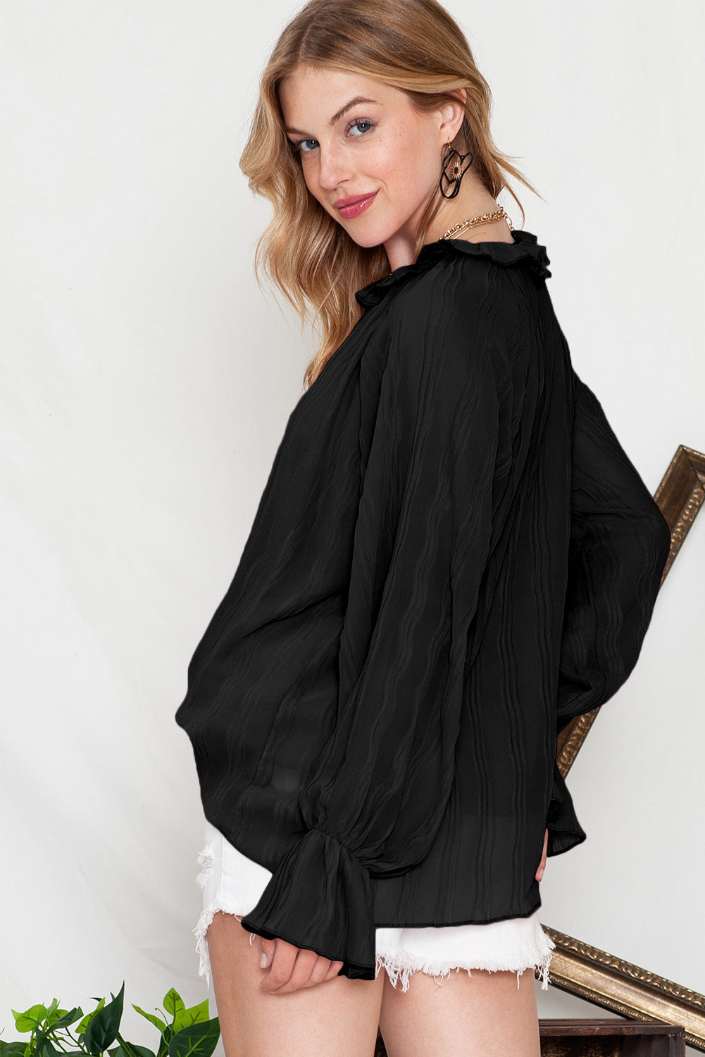 LC25121763-2-S, LC25121763-2-M, LC25121763-2-L, LC25121763-2-XL, Black Striking Pleated Flared Cuff Long Sleeve Blouse