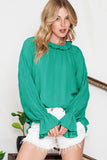 LC25121763-9-S, LC25121763-9-M, LC25121763-9-L, LC25121763-9-XL, Green Striking Pleated Flared Cuff Long Sleeve Blouse