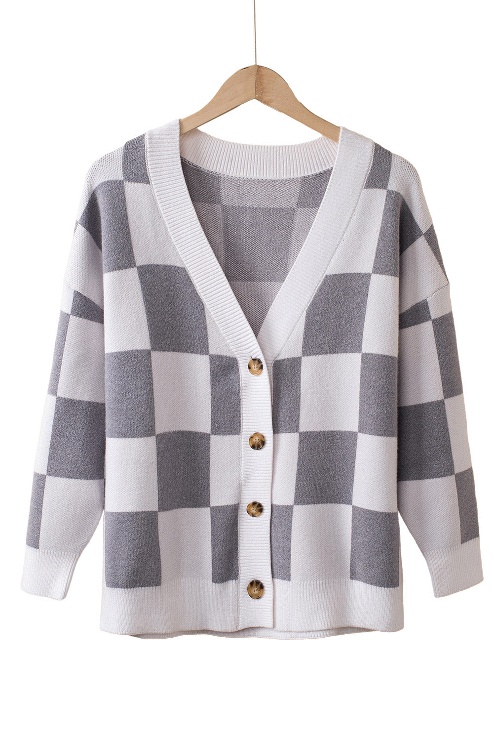 LC271943-11-S, LC271943-11-M, LC271943-11-L, LC271943-11-XL, LC271943-11-2XL, Gray Contrast Checkered Print Button Up Sweater Cardigan 