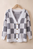 LC271943-11-S, LC271943-11-M, LC271943-11-L, LC271943-11-XL, LC271943-11-2XL, Gray Contrast Checkered Print Button Up Sweater Cardigan 