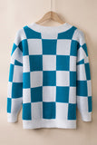 LC271943-5-S, LC271943-5-M, LC271943-5-L, LC271943-5-XL, LC271943-5-2XL, Blue Contrast Checkered Print Button Up Sweater Cardigan 