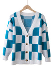 LC271943-5-S, LC271943-5-M, LC271943-5-L, LC271943-5-XL, LC271943-5-2XL, Blue Contrast Checkered Print Button Up Sweater Cardigan 
