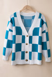 LC271943-5-S, LC271943-5-M, LC271943-5-L, LC271943-5-XL, LC271943-5-2XL, Blue Contrast Checkered Print Button Up Sweater Cardigan 