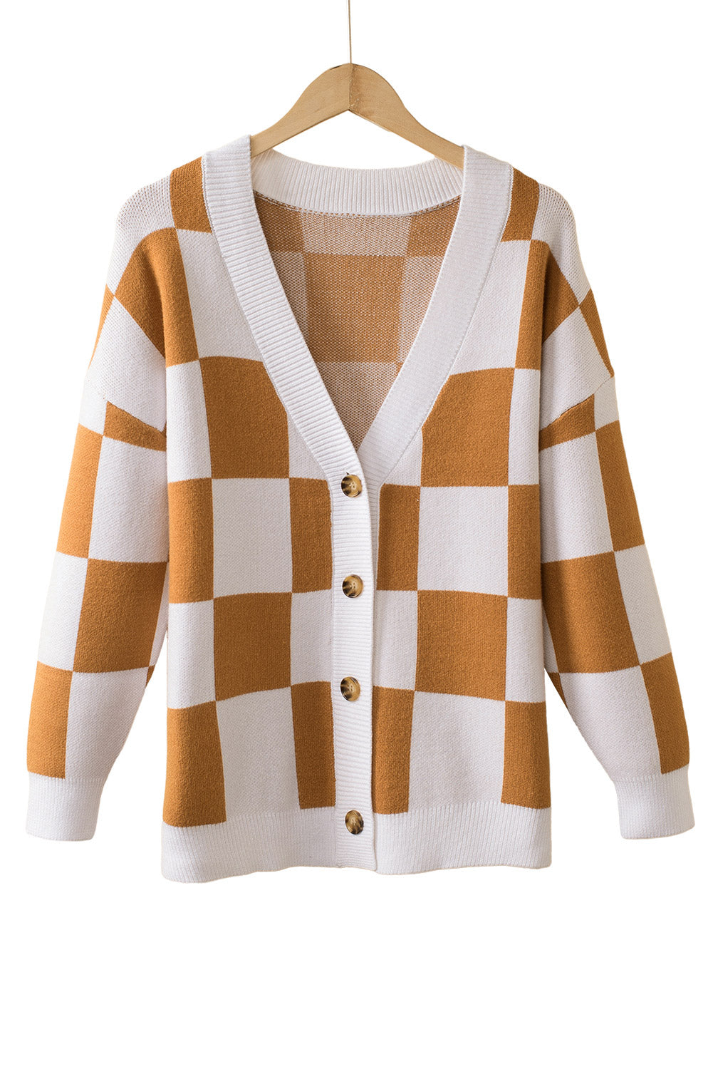 LC271943-17-S, LC271943-17-M, LC271943-17-L, LC271943-17-XL, LC271943-17-2XL, Brown Contrast Checkered Print Button Up Sweater Cardigan 