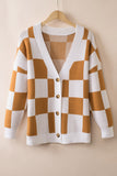 LC271943-17-S, LC271943-17-M, LC271943-17-L, LC271943-17-XL, LC271943-17-2XL, Brown Contrast Checkered Print Button Up Sweater Cardigan 