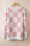 LC271943-10-S, LC271943-10-M, LC271943-10-L, LC271943-10-XL, LC271943-10-2XL, Pink Contrast Checkered Print Button Up Sweater Cardigan 