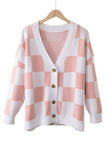 LC271943-10-S, LC271943-10-M, LC271943-10-L, LC271943-10-XL, LC271943-10-2XL, Pink Contrast Checkered Print Button Up Sweater Cardigan 